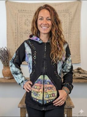 Artisan Boho Patchwork Zip-Up Hoodie Earthy Tie-Dye & Embroidery